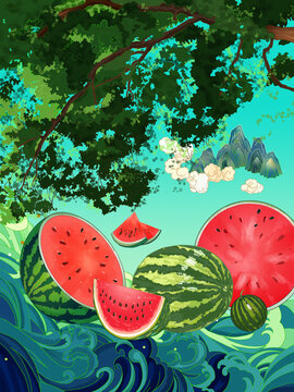 夏天綠蔭西瓜消暑場景插畫