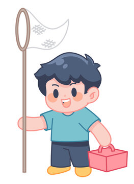 手拿網(wǎng)兜的小男孩矢量元素