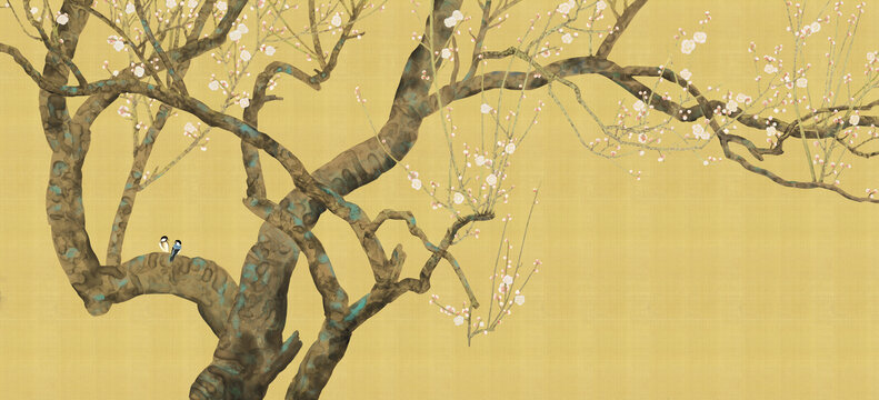 手繪梅花屏風(fēng)背景