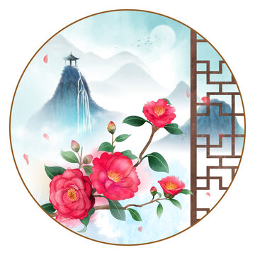 山茶花山水畫