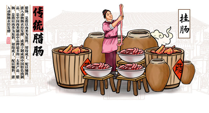 傳統(tǒng)臘腸制作掛腸