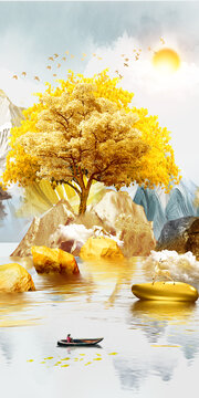 金色山水發(fā)財(cái)樹(shù)玄關(guān)
