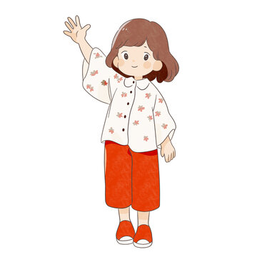 打招呼的襯衫女孩簡筆畫