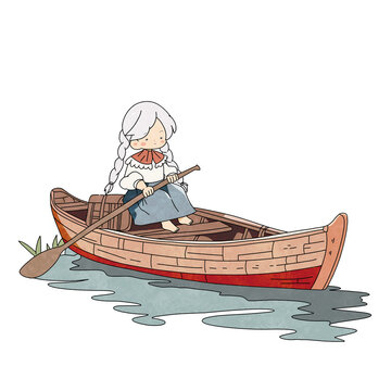 劃船的小女孩簡筆畫卡通圖案