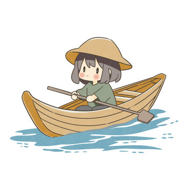 劃船的小女孩簡約簡筆畫