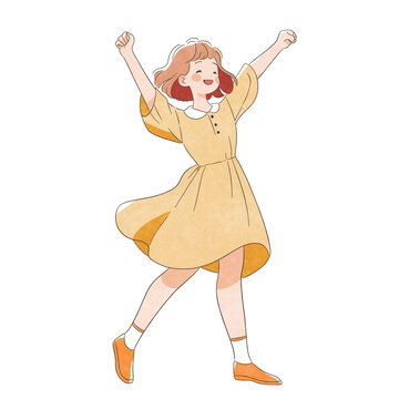 開心伸懶腰的黃裙子女孩圖案