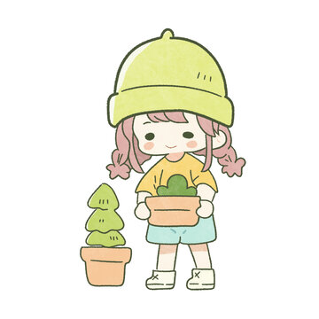 女孩盆栽綠色環(huán)?？蓯酆喒P畫圖案