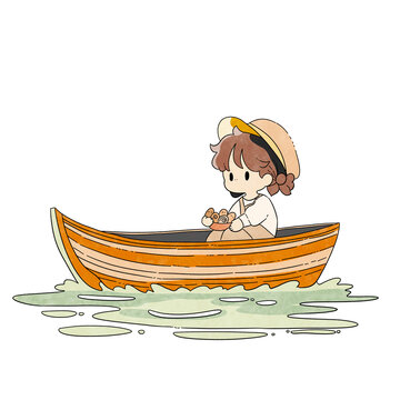 夏日船上女孩簡筆畫圖案