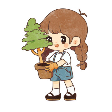 抱著盆栽的小女孩簡筆畫