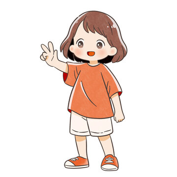 比耶的短發(fā)女孩簡筆畫圖案