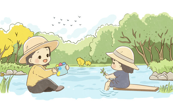 夏日湖邊郊游清新水彩插畫