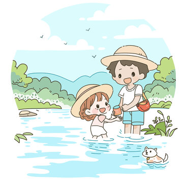 夏日湖邊親子郊游卡通插畫
