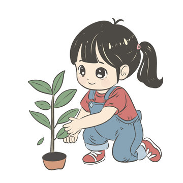 植樹節(jié)小女孩種樹插圖