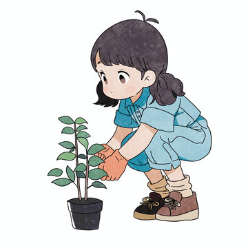 種樹的女孩植樹節(jié)卡通圖案