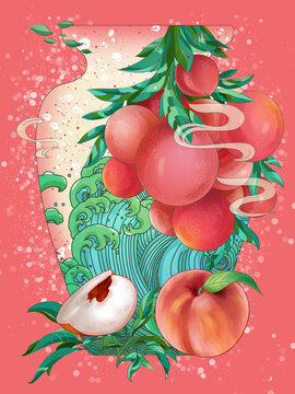 夏至大暑水蜜桃水果主題插畫