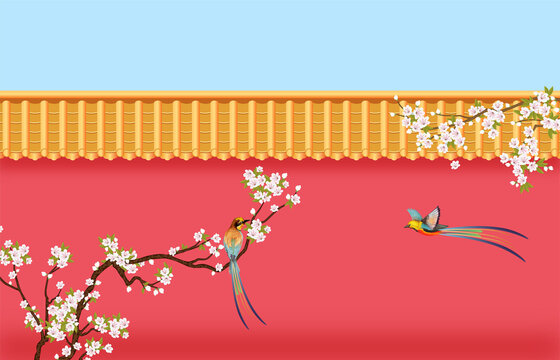 金瓦紅墻古風花鳥背景