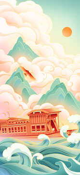 國潮風山水祥云海浪紅船插畫