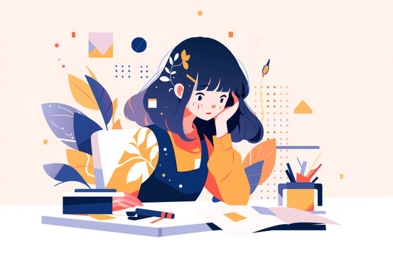 手托下巴看書的女孩矢量插畫