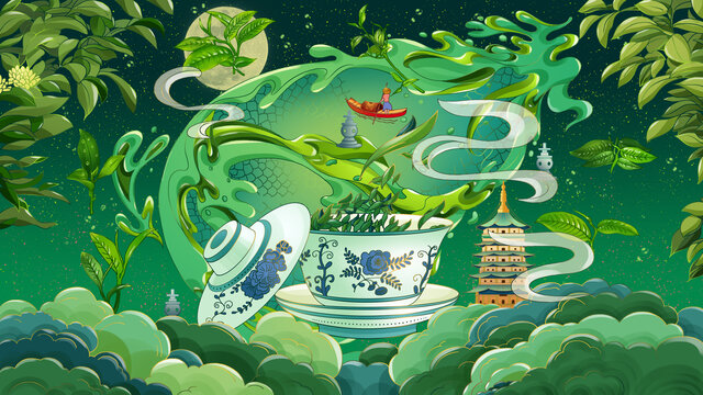 夏季古風(fēng)綠茶包裝養(yǎng)生主題插畫