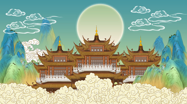 國潮山水樓閣插畫