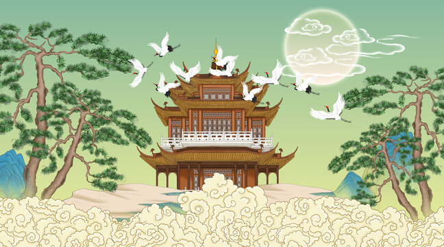 迎客松樓閣裝飾畫