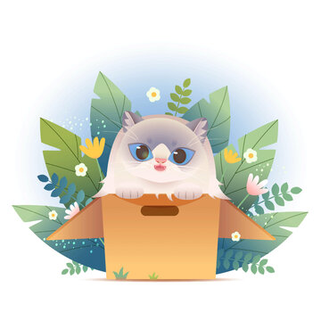 卡通可愛貓咪紙箱矢量元素插畫