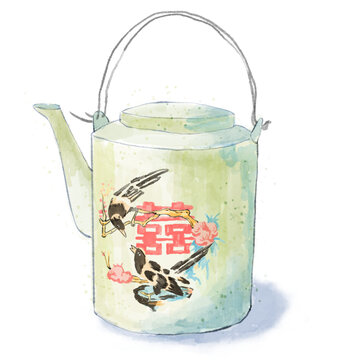 手繪水彩風(fēng)雙喜冷水壺免摳素材