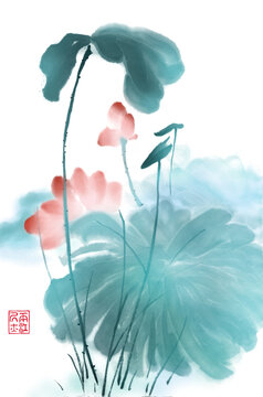 荷花豎幅