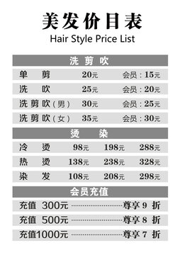 理發(fā)店發(fā)廊美發(fā)價格表