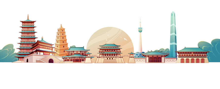 西安建筑天際線插畫無背景
