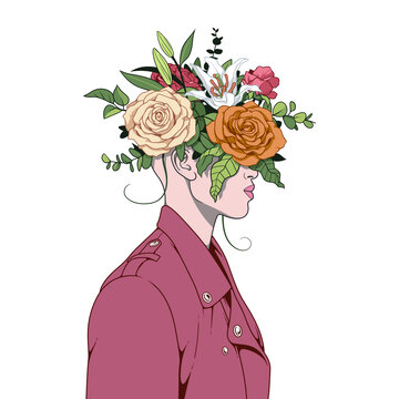 潮流時(shí)尚插畫鮮花綠植男子