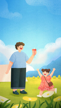 親子互動(dòng)爸爸和女兒春游兒童插畫