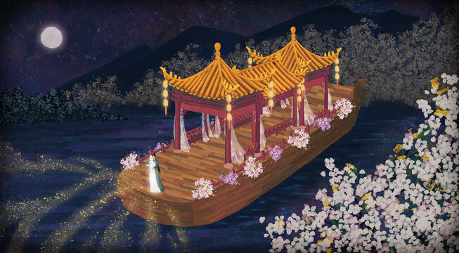夜晚在湖泊上的花船里吹簫