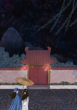 雨夜書生和女子撐傘走到宅子門外