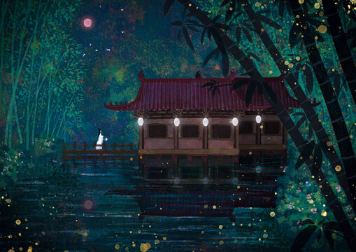 紅月夜女子提燈穿行竹林