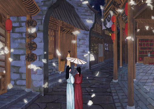 下雨天和姐妹在街道散步