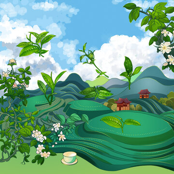 茶園茶葉大自然田野場景插畫