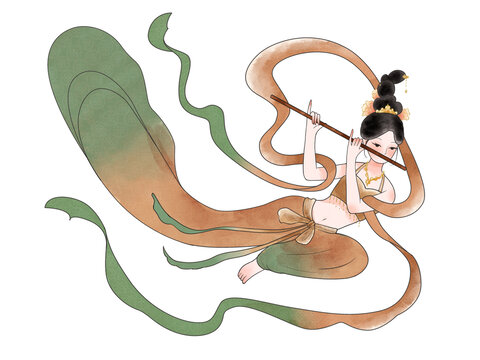 敦煌飛天仙女吹笛子中國(guó)風(fēng)