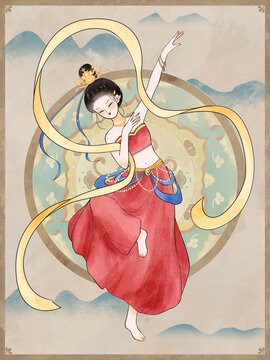 敦煌飛天仙女中國風(fēng)水墨插畫