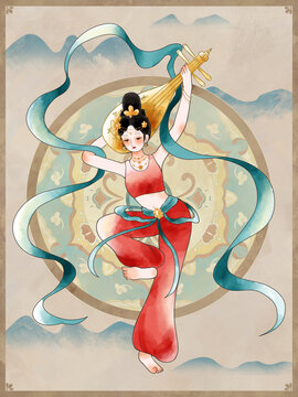 敦煌飛天仙女中國(guó)風(fēng)水墨插畫