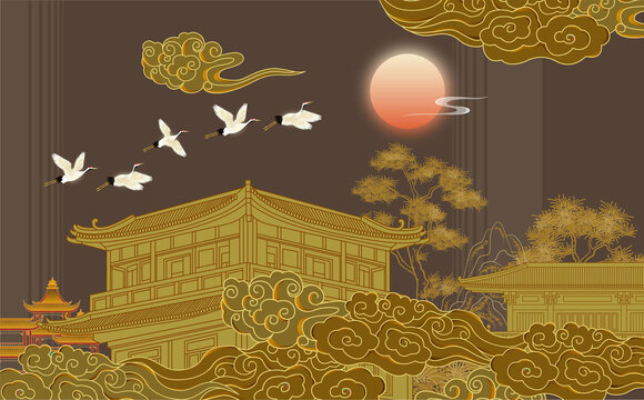 金色樓閣祥云矢量插畫(huà)