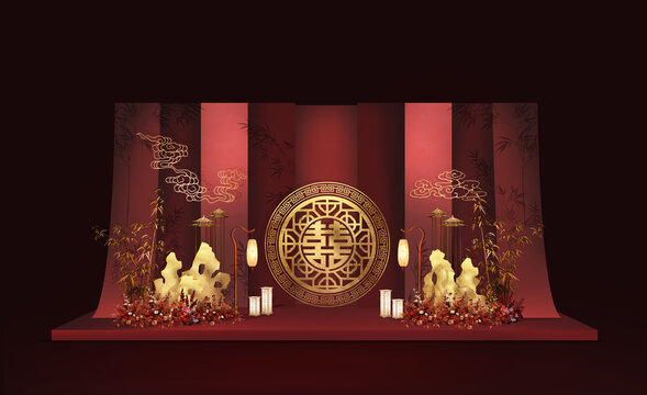 中式酒紅色布?；槎Y效果圖