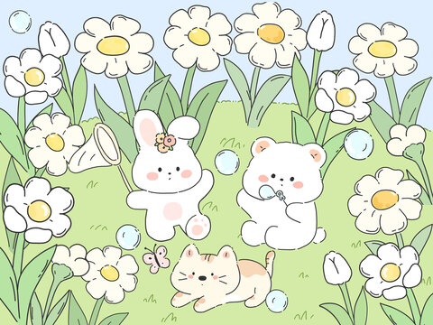 卡通兔子動物花園場景治愈插畫