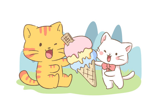 卡通小貓吃冰淇淋