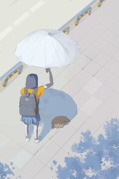 女孩給狗撐傘唯美插畫
