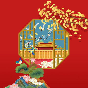 窗花樓閣山水意境插畫