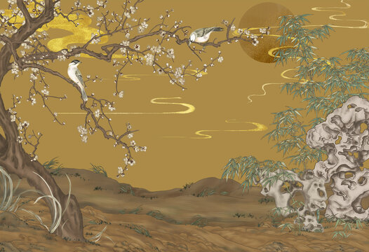 新中式插畫壁畫