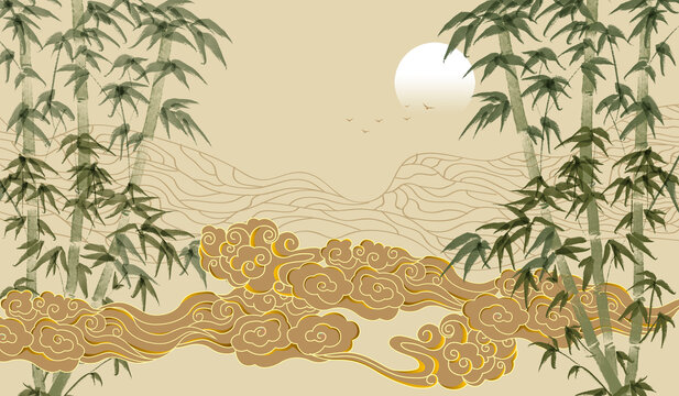 竹影山水祥云插畫