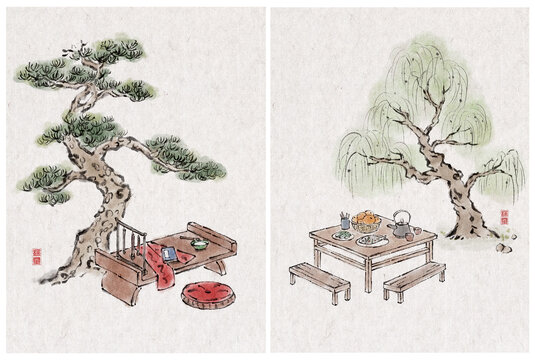 水墨風桌椅與樹