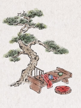 古風(fēng)桌椅場景插畫元素